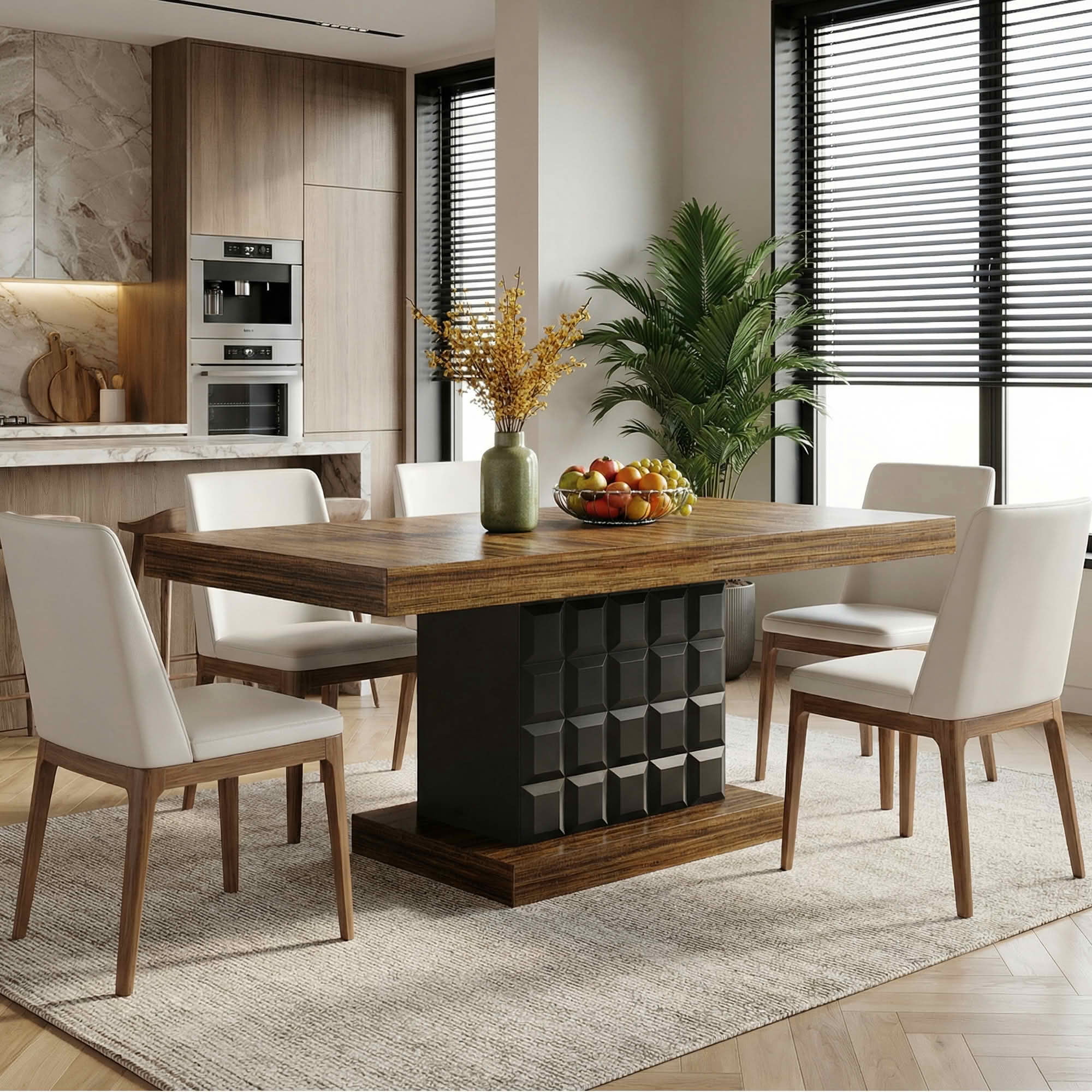 MAYEERTY 63" Modern Geometric Dining Table, Brown MDF Top Cubed Black Base Kitchen Table