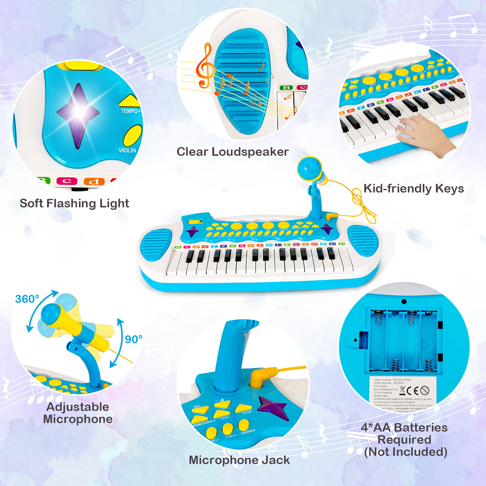 Juego de Teclado Infantil de 31 Teclas Instrumento Musical Portátil  Múltiples Sonidos Luz Micrófono Taburete Ajustable para Niños 3+ Años Azul  - Costway