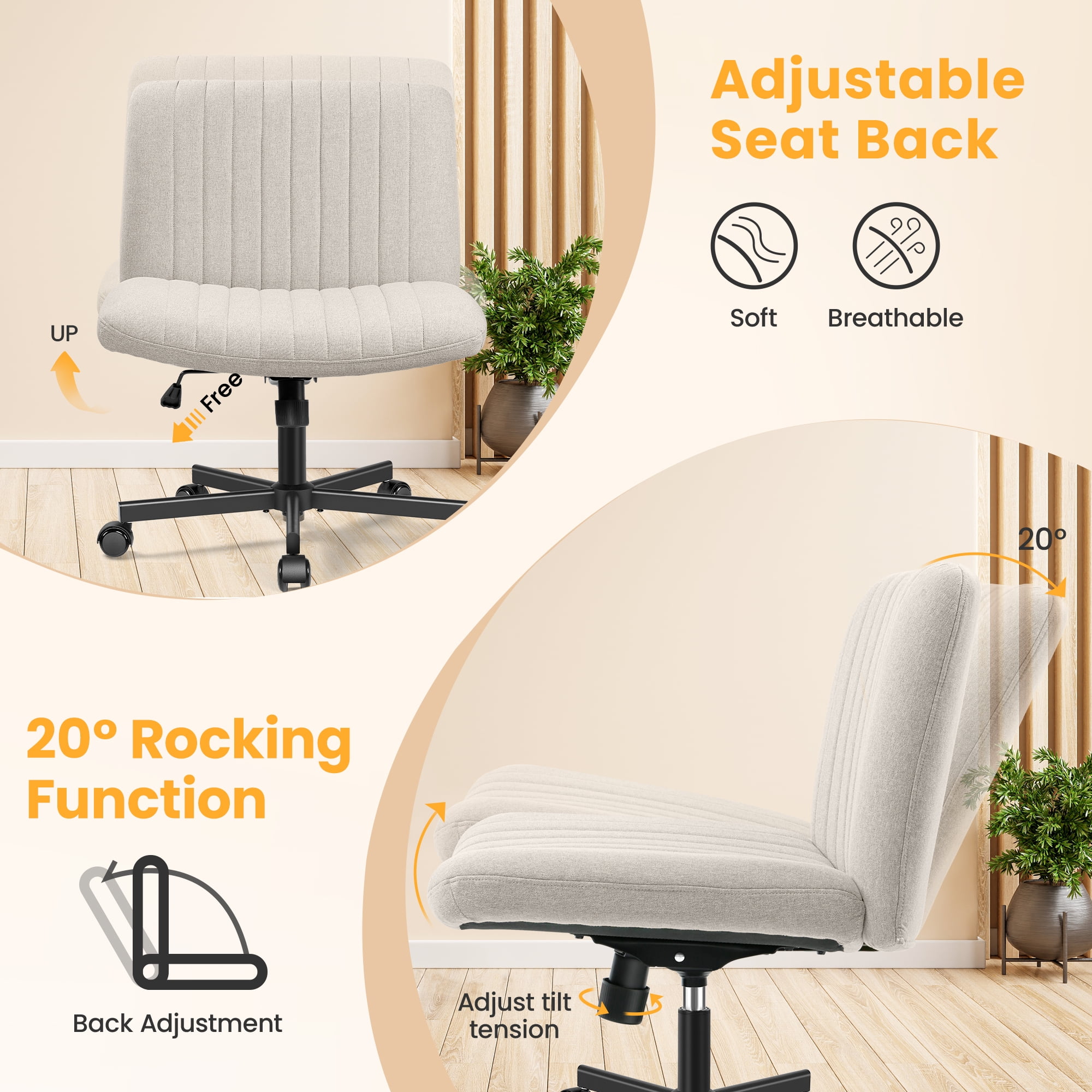COOLHUT Office Chair Armless Criss Cross Legged Chair with Wheels, Linen Fabric Comfy Home Office Desk Chairs, Wide Seat Vanity Task Computer Chair, Beige