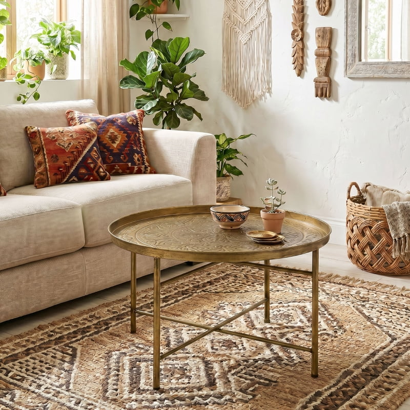 Alvantor Round Coffee Table with Hammered Tray Top & Metal Frame 24"x24"x15.7" Gold
