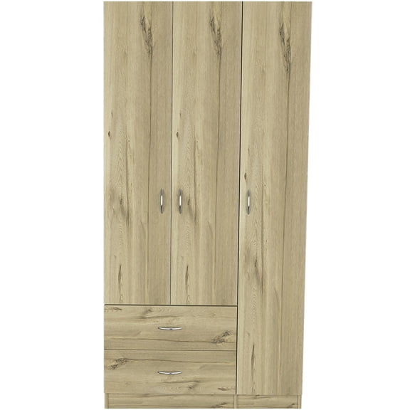 3 Door Wardrobe Armoire with Shelves and Drawers, Light Oak Finish Bedroom Storage Cabinet