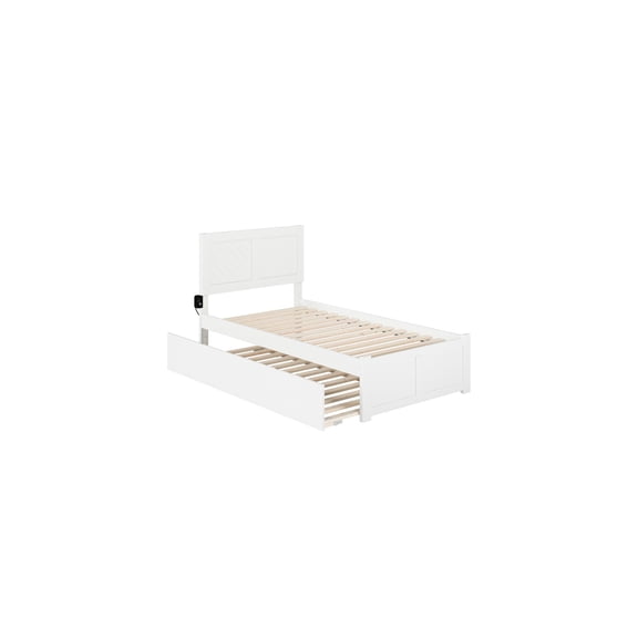 Twin Platform Bed with Trundle & USB - White Wood Bed Frame - Rustic Style