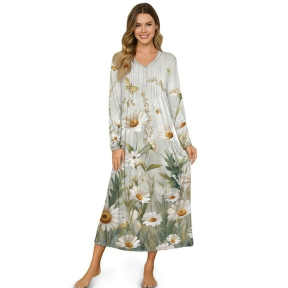 SEANATIVE Women's Soft Sleep Dress Cozy Long Sleeve Nightgown Button Front Sleep Shirt Full-Length Bedroom Loose Loungewear House Coat, S, Daisy Butterfly