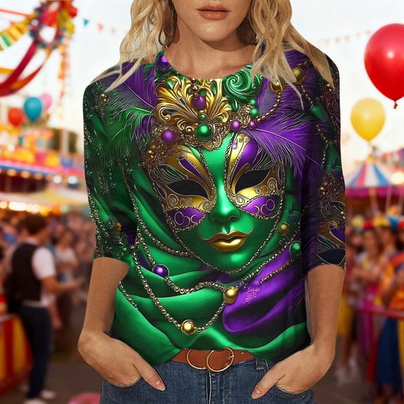 Mceream 3/4 Sleeve Mardi Gras Outfit for Women Mask Print 3/4 Sleeve Tops Orleans Carnival Party Shirt Tee Crewneck T-Shirts Funny Graphic Blouse plus size Green XXXXXL