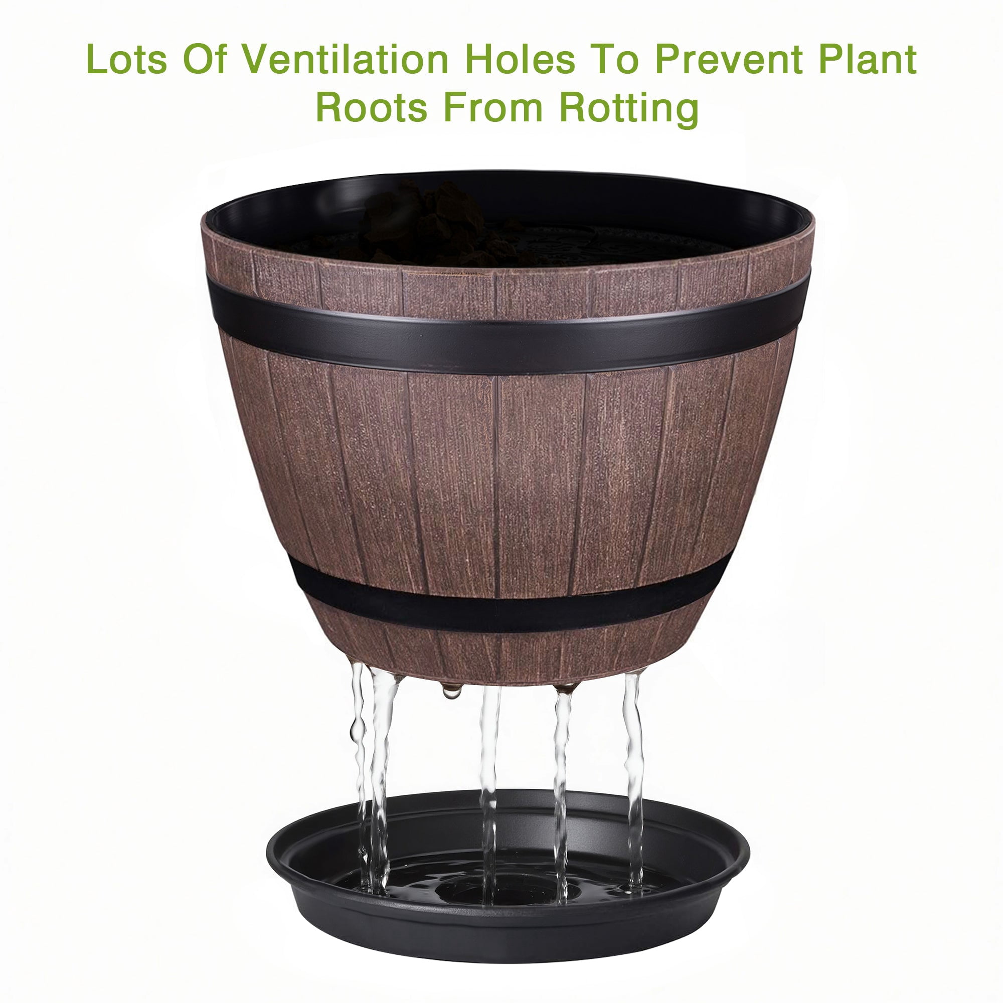 VECELO 3 Pack 13 inch Plant Pots, Whiskey Barrel Planters with Drainage Holes & Saucer, Plastic Imitation Wine Barrel Decoration Flower Pots, for Indoor & Outdoor Garden Home Plants, Reddish-Brown