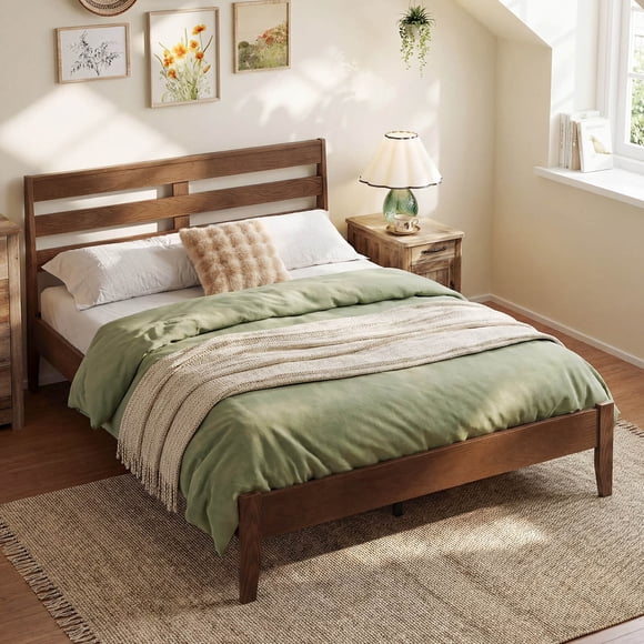 Costway Full Size Wood Bed Frame with Slat Headboard Under-Bed Storage Space Caramel Brown