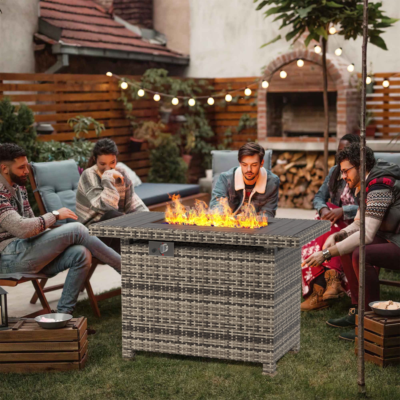 Bapipro 40" Outdoor Gas Fire Pit Table with Storage, Propane Fire Pit Table with Removable Lid & Waterproof Cover, for Outside Patio, Gray