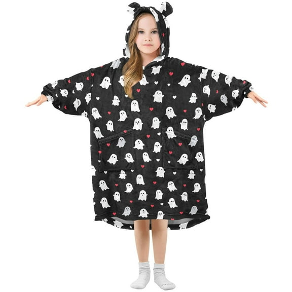 Wearable Blanket Hoodie for Kids Cute Cartoon Ghost Flannel Hooded Blanket with Pockets and Sleeves Suitable for Boys and Girls