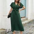 thumbnail image 6 of Womens Summer Ruffle Sleeves Long Dresses Casual V Neck Short Sleeve Smocked Maxi Dress Loose Swing Hem Pleated Dress, 6 of 9