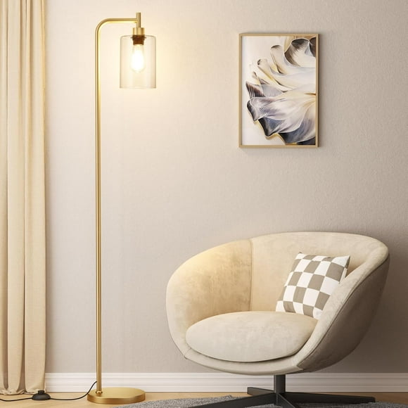 ERDS-Industrial Floor Lamp with Glass Shade - LED Bulbs, Foot Pedal Switch, Easy Assembly, Lampe sur pied, Lampe sur pied Pour Salon (Gold)