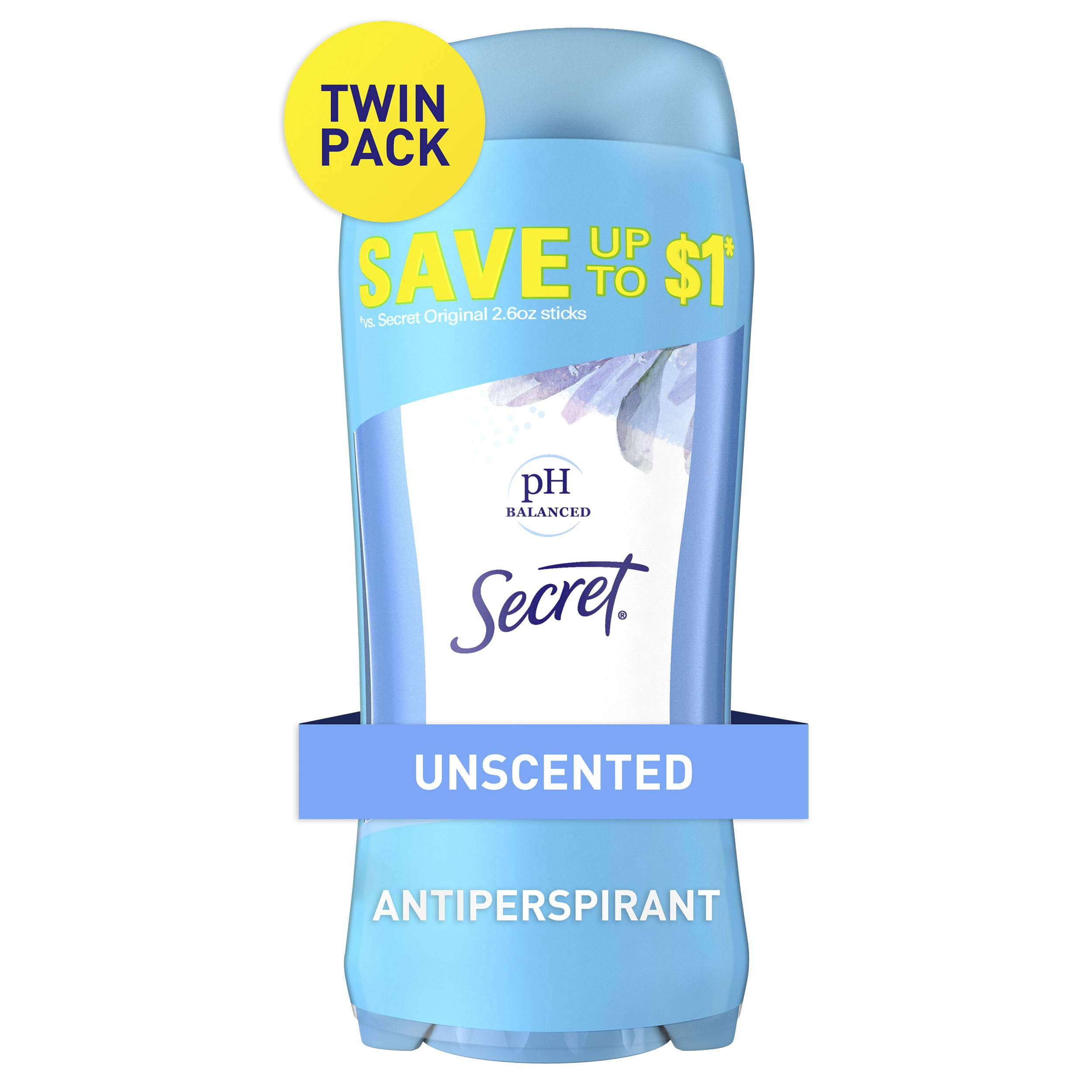 Secret Invisible Solid Antiperspirant and Deodorant For Women, Unscented, Twin Pack of 2.6 oz