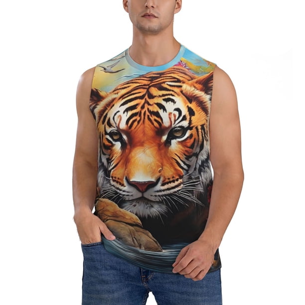 Balery Colorful Plant Tiger Camisetas sin mangas para hombre, absorbe la humedad y protege contra el mal olor.-Medium