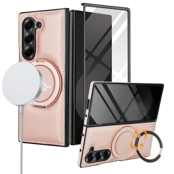 Allytechgroup Magnetic Case for Samsung Galaxy Z Fold 7 with Screen Protector, Wireless Charging Support 360 Rotating Stand Anti-Scratch Rugge Bumper Phone Case for Galaxy Z Fold7, Rosegold