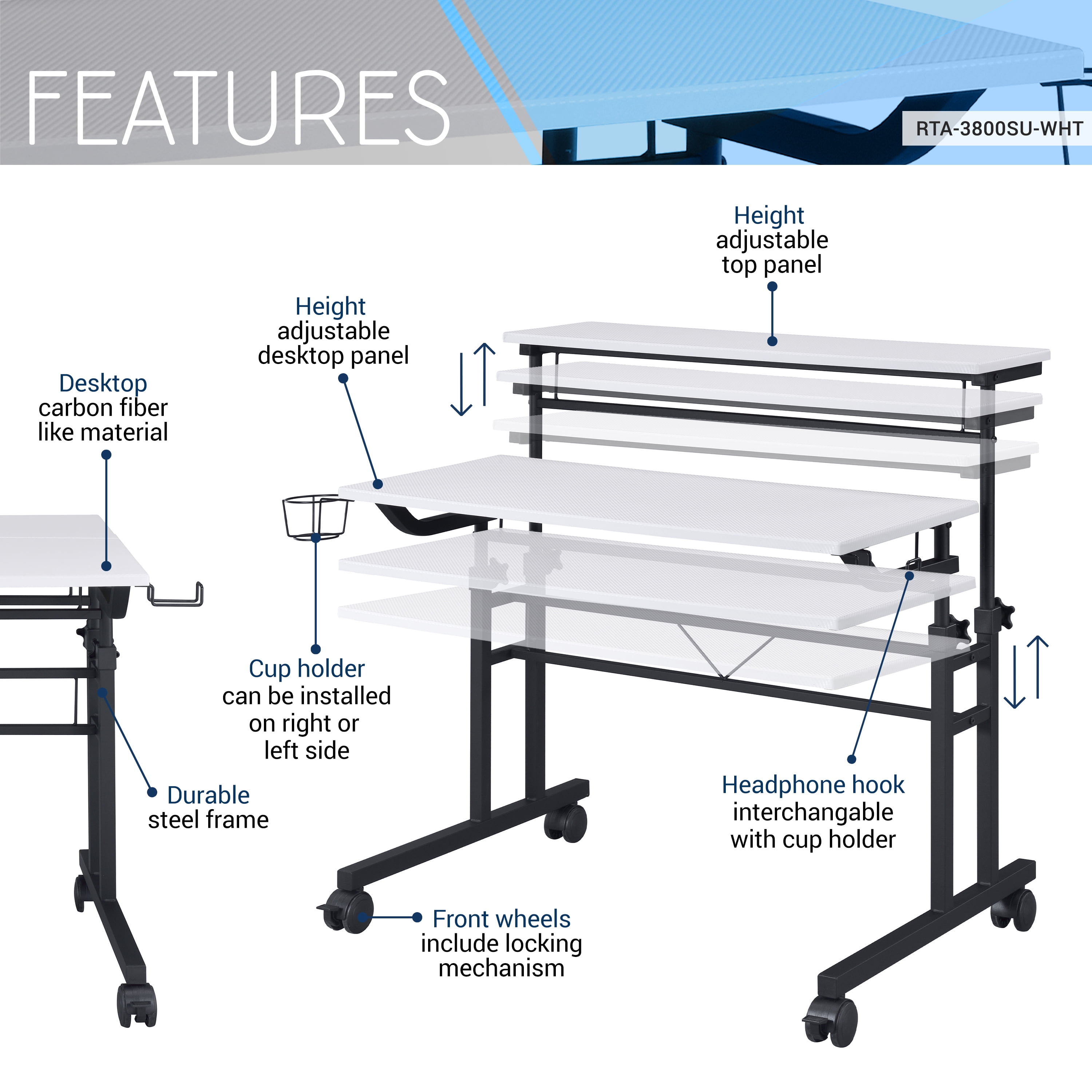 Rolling Writing Desk with Height Adjustable Desktop and Moveable Shelf, White