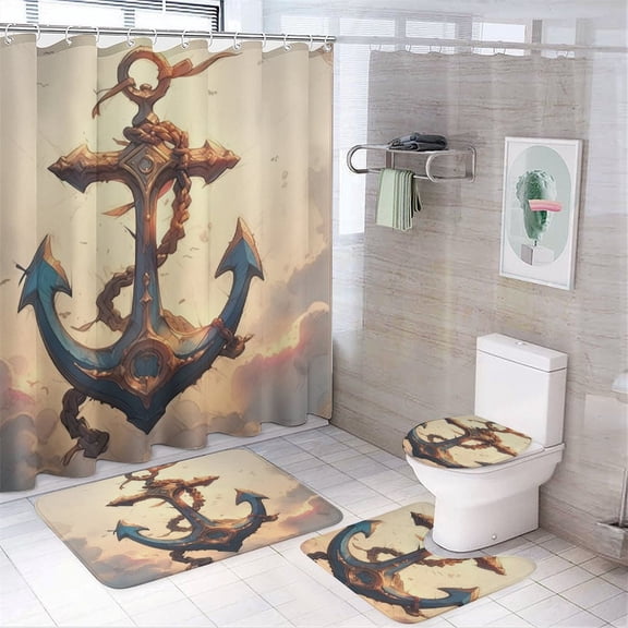 Old World Nautical Anchor 4Pcs Shower Curtain Set with Rugs with Rugs Include Waterproof Shower Curtain Non-Slip Rug Toilet Lid Cover Bath Mat Coastal Flower Waterproof Fabric Bath Curtain