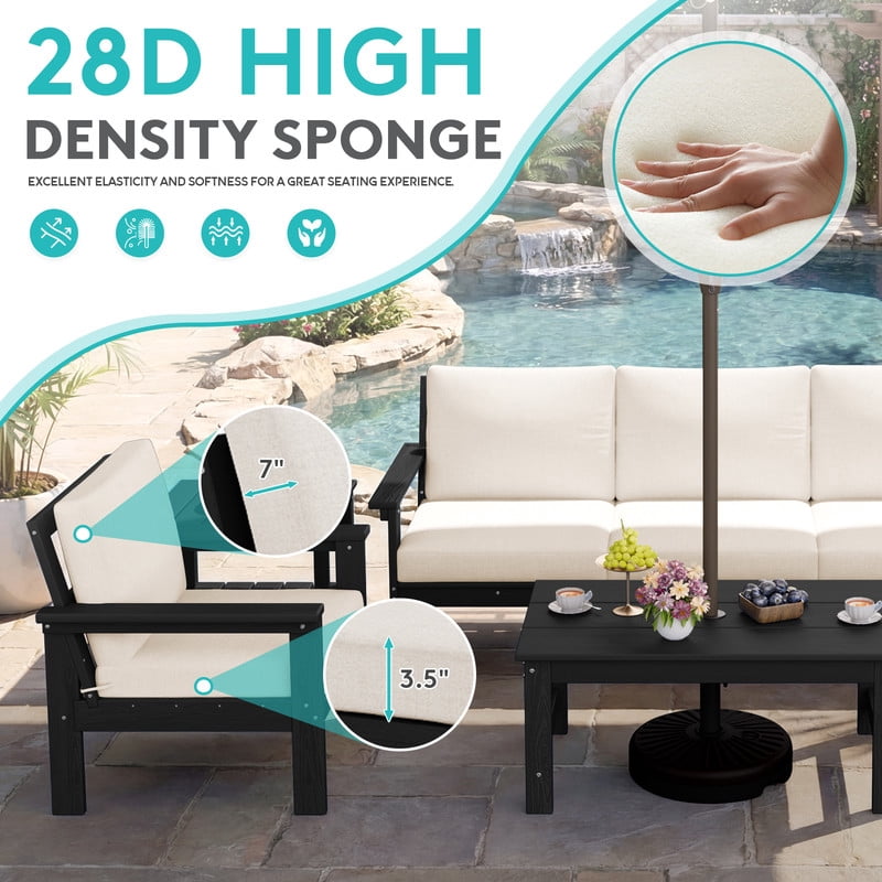 FUNDAZE Oversized HDPE Patio Furniture Sets, 2-Seater With Double-tier Table Outdoor Conversation Set | For Patio, Poolside, Backyard Use, Black Frame with Khaki Cushion