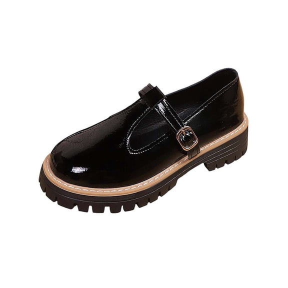 Xfvqtps Womens Mary Jane Shoes T-Strap Flat Shoes Glossy Surface Round Toe Casual Slip on Shoes with Buckle Vintage Style Comfortable Walking Shoes Faux Leather Loafers Black
