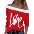 thumbnail image 2 of Uootdi Off The Shoulder Long Sleeve Shirts for Women FuzzyTrim Collar Love Heart Print Graphic Sweatshirt Casual Holiday Tops Gift, 2 of 7