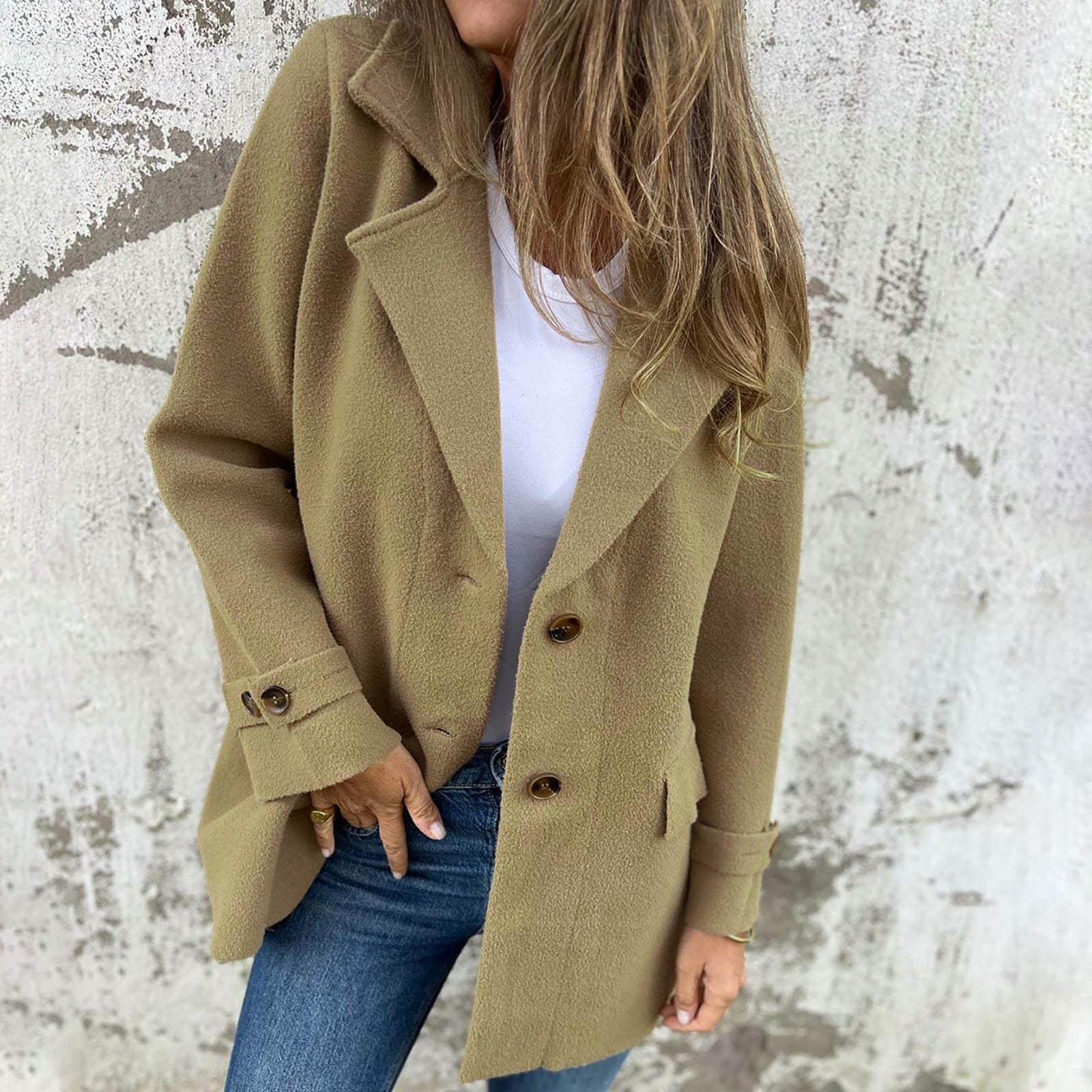 JGGSPWM Women's Wool Blend Coat Fall Lapel Single Breasted Mid Length Trench Jacket Open Front Solid Long Sleeve Peacoat Blazer Overcoat Khaki S