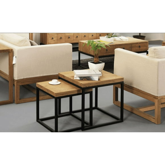 Compact Storage Solutions with Durable Design, Black Metal Bases and MDF Wood Tops, Industrial Accent for Urban Interiors, 2-Piece-Set