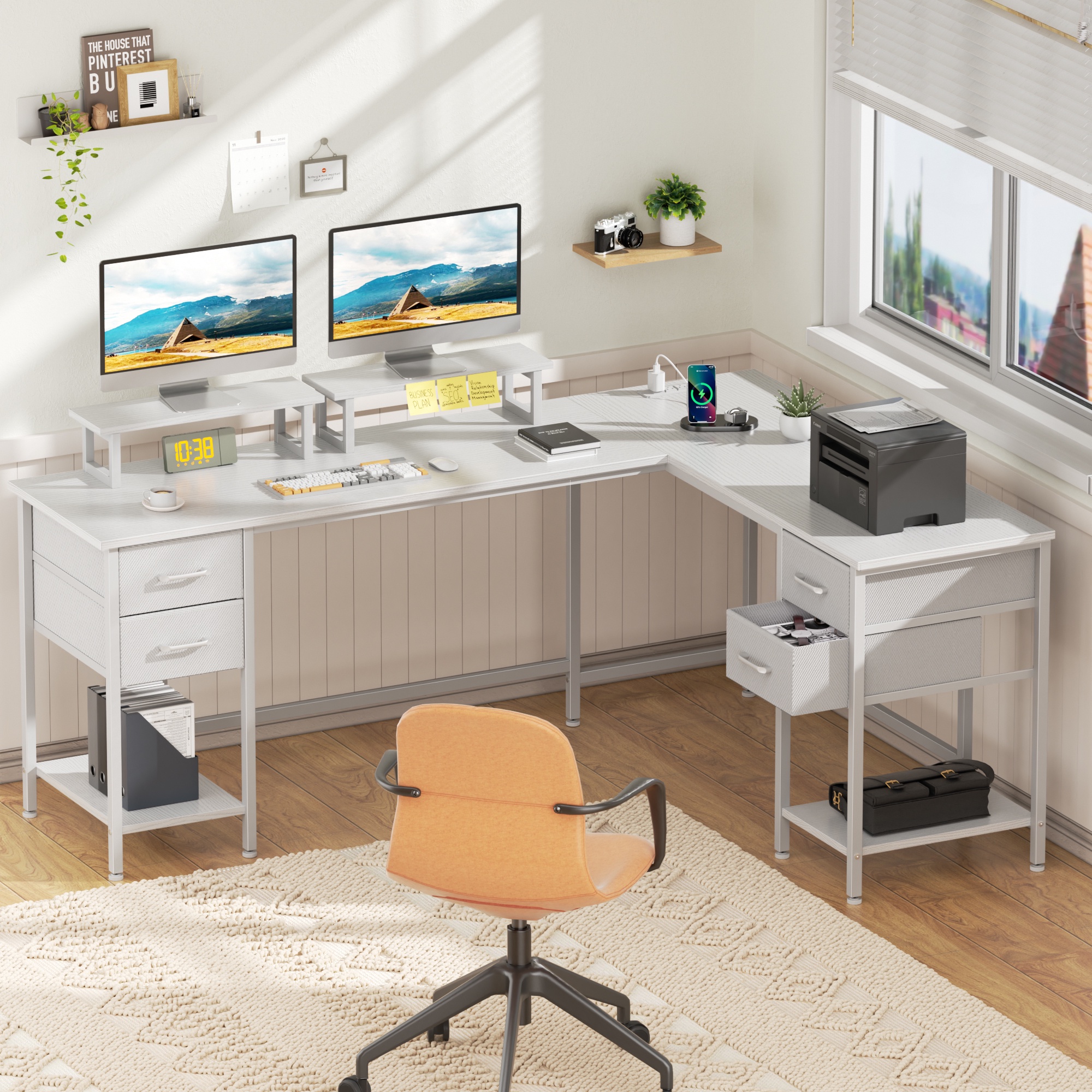 Satifur 66" L-Shaped Desk with Power Outlets, 4 Fabric Drawers & 2 Monitor Stands, Convertible Two Person Home Office Desk,White