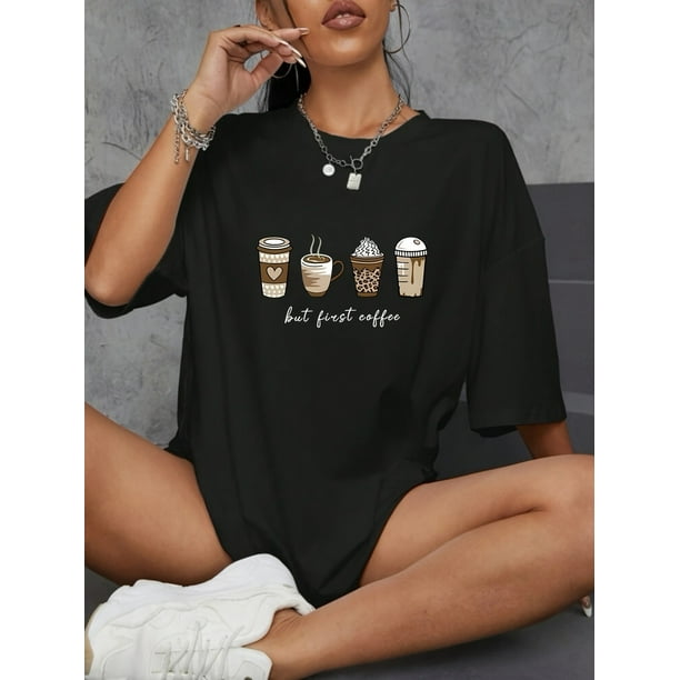 Coffee & Letter Art T-Shirt - Comfortable Oversized Fit, Casual Crew Neck Womens Top - Trendy Short Sleeve Graphic Tee for Everyday Style