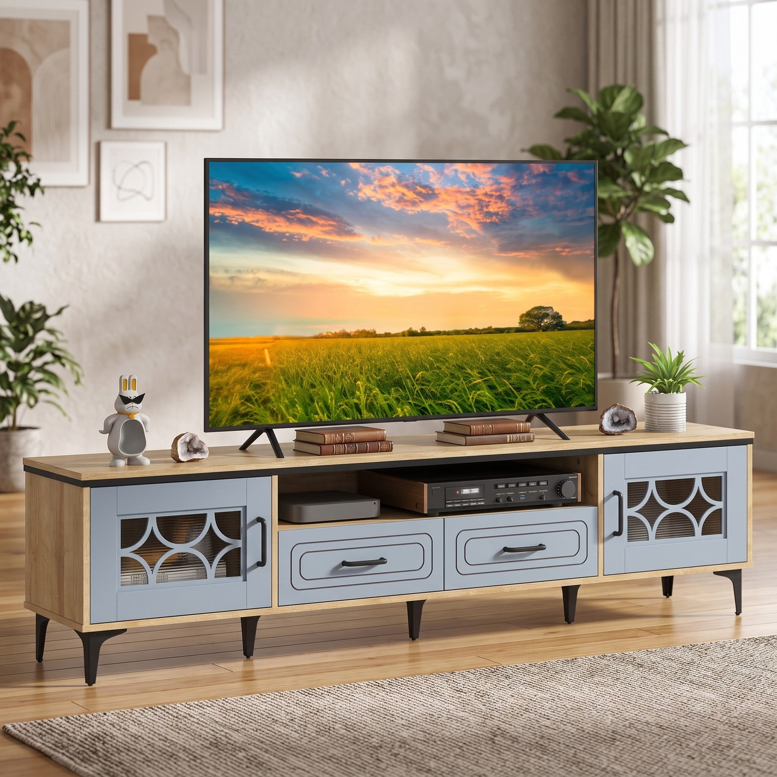 Furnibear Farmhouse TV Stand for TVs up to 80 Inch, 71 Inch Entertainment Center with 2 Drawers, 2 Cabinets & Open Storage Shelf, Wood Media Console, Oak and Gray