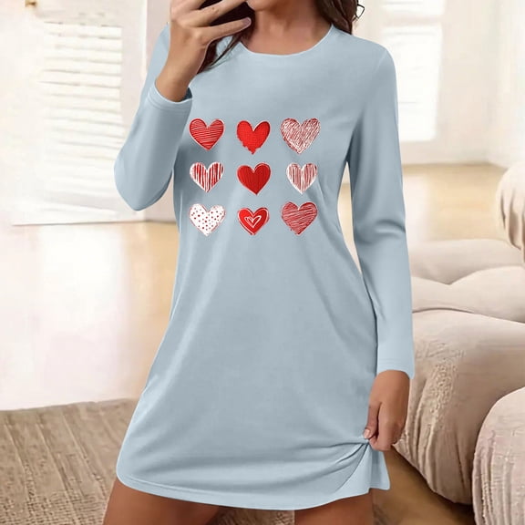 Mifsaly Cotton Nightgowns for Women Long Sleeve Heart Print Sleepwear Dress Casual Everyday Home Tshirts Dresses Breathable Summer Outfits S