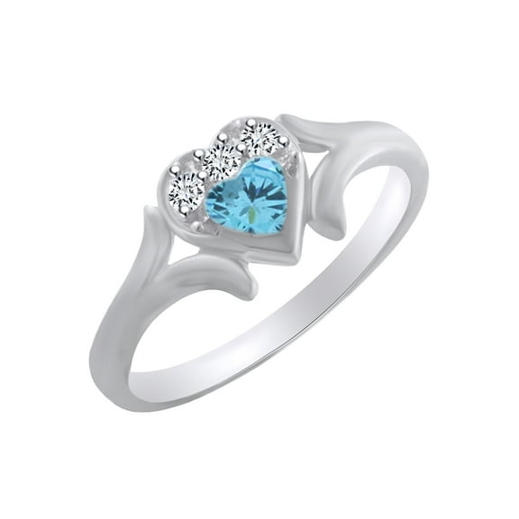 AFFY Heart Shape Simulated Aquamarine & White Cubic Zirconia Heart Promise Ring In 14k White Gold Over Sterling Silver Ring Size-7.5