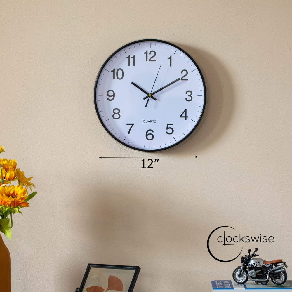 Clockswise Black 12-In Analog Clock – Silent, Non-Ticking for Wall Battery-Operated, Perfect for Home Office, Farmhouse Kitchen, Entryways, Dining Rooms and Bedroom Decor, School and Bathroom Clock