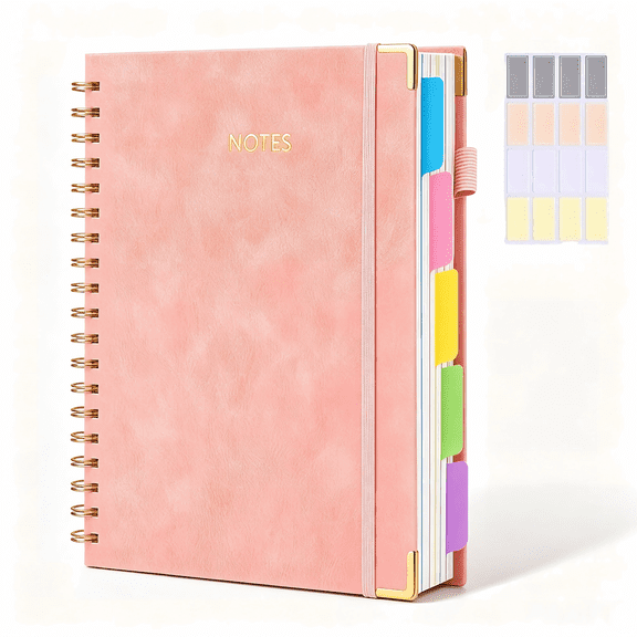 Hardcover Spiral Notebook 300 Pages, 5 Subject College Ruled Journal with Removable Dividers, 8x10 Inch B5 Lined Notebook for Work School Note Taking, Pink