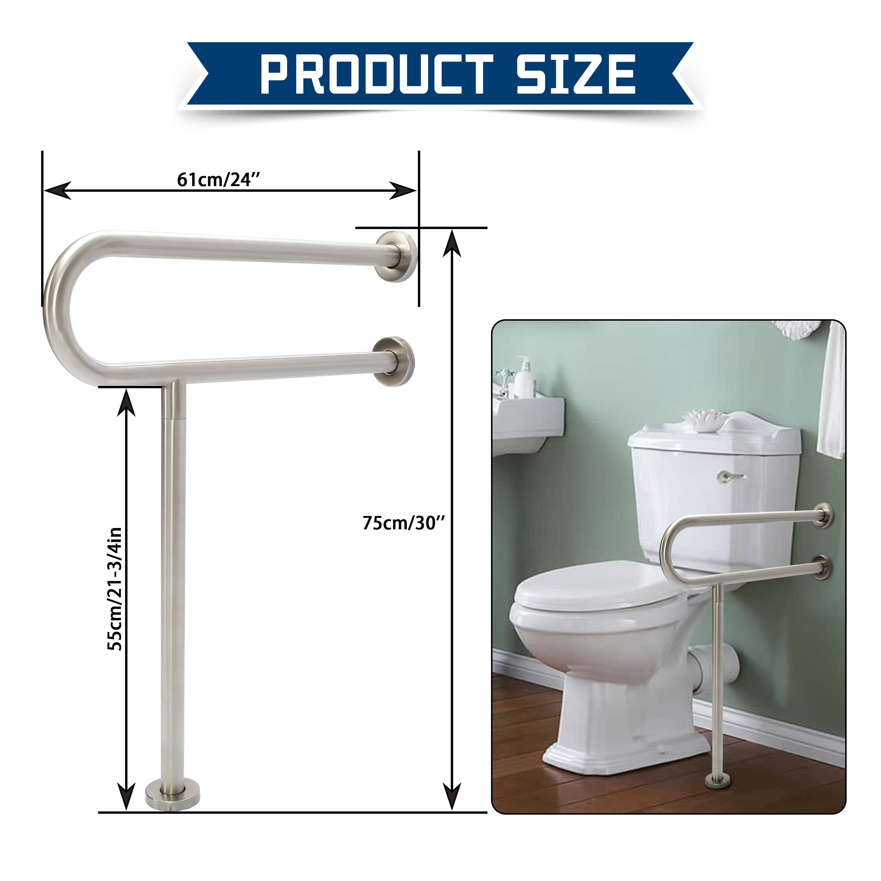 Kojem Toilet Support Rail Handrail Handicap Grab Bar Rails 24 inch Bathroom Safety Bathtub Bar Wall Mount Support Assist Grips for Disabled Elderly Pregnant 304 Stainless Steel
