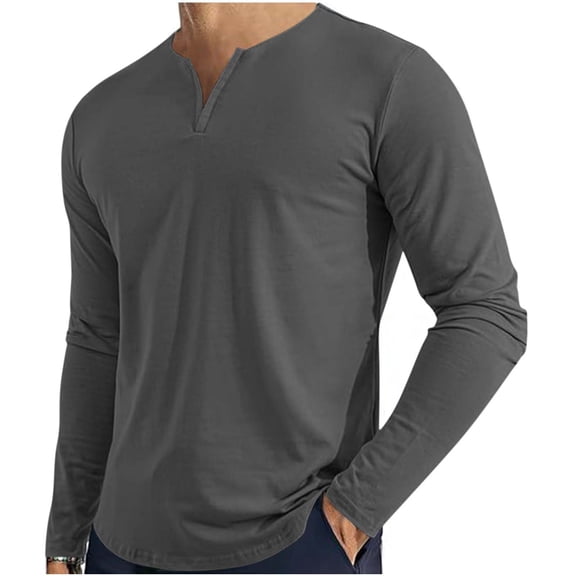GUZOM Mens Long Sleeve Henley Shirt in Dark Gray, Slim Fit Stretch Polyester Spandex Tee, Breathable Casual T-Shirt,Size M