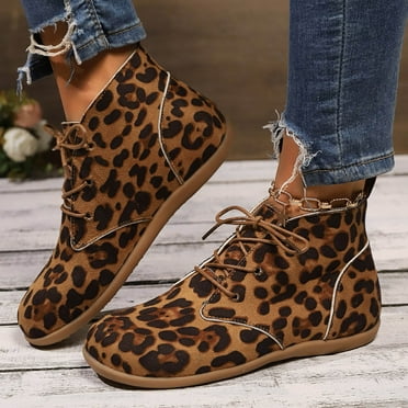 Women's Flat Heeled Ankle Boots Fashion Leopard Print Ankle boots Round Toe Straps Comfortable Casual Shoes Women Flat-Soled Ankle Shoe