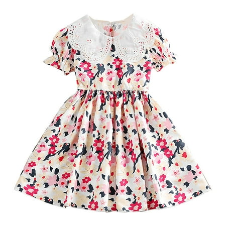 

AOMPMSDX Summer Dresses For Gilrs Toddler Puff Sleeve Large Lapel Floral Prints Lace Princess Dance Party Clothes Dresses