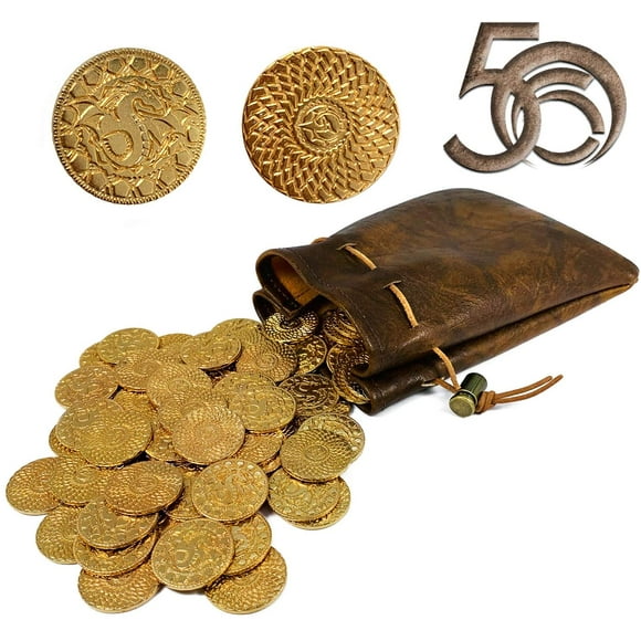 50 DND Fantasy Metal Gold Coins & Leather Pouch for Dungeons & Dragons Novelty Tabletop RPG Board Games Tokens Treasure Coins for Party Tablelap Games Accessories Addons Medieval Game Retro Props…