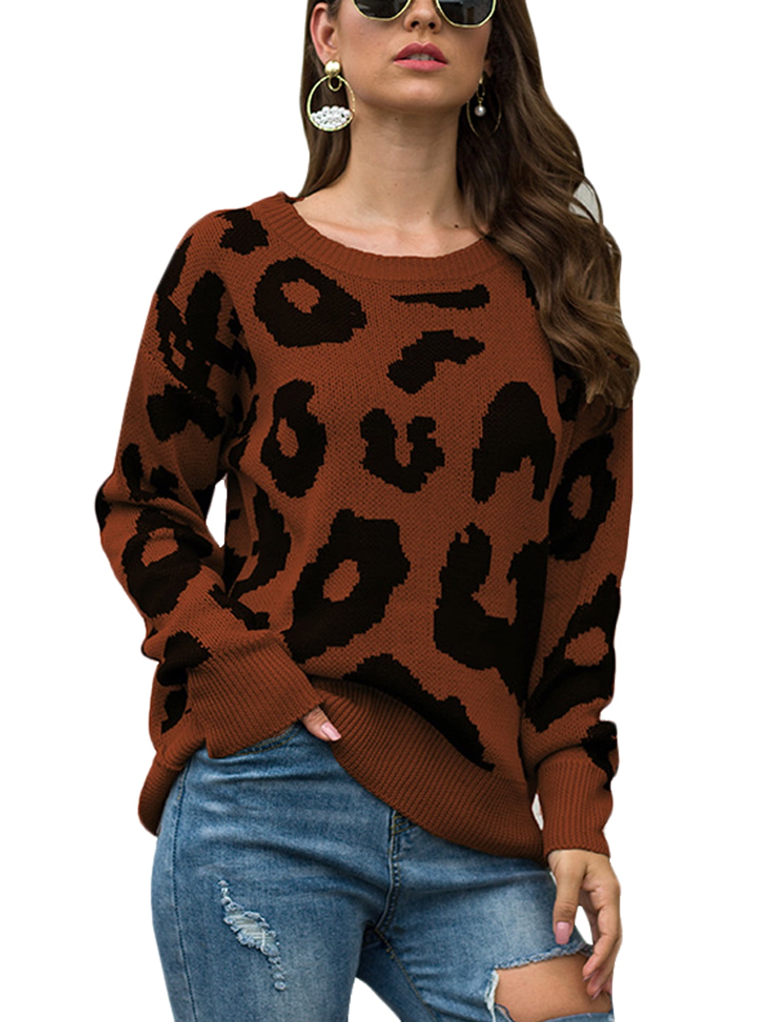 Wodstyle - Women's Long Sleeve Leopard Knitted Sweaters Loose Round Neck Casual Pullover 