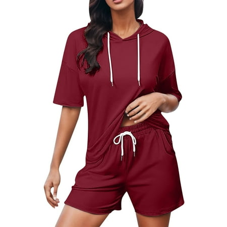 OJSFQUFP Matching Set Summer Red Womens 2 Piece Summer Short Sleeve with Short Sleeved Hoodie and Casual Shorts Set Short Matching Clothing Set L2