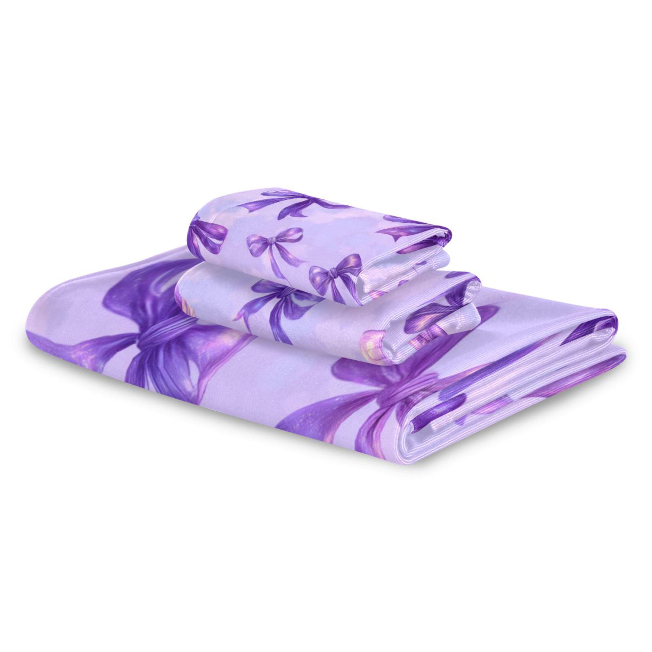 3 Sizes of Towel Sets Including Bath Towel Hand Towel and Washcloth for Daily Use Vibrant Purple Bows Pattern