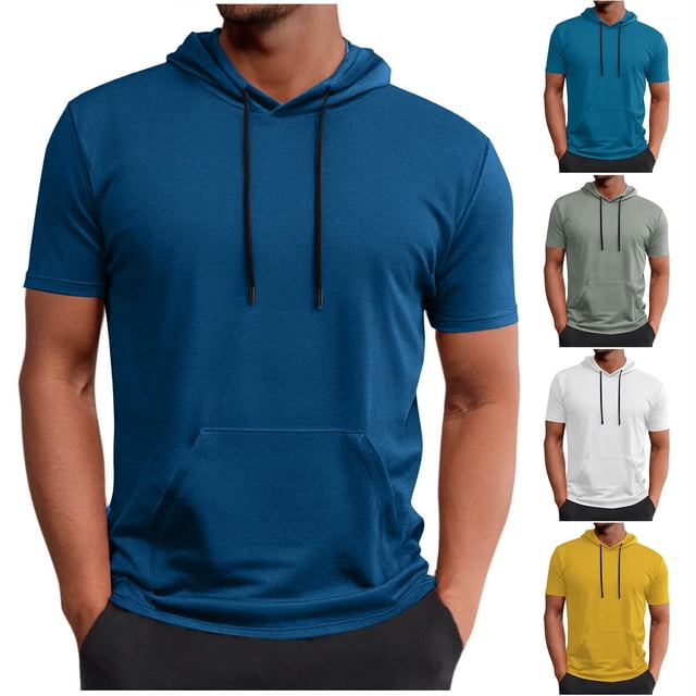 JDQJBZ Hoodies for Men Short Sleeve Solid Color Short Sleeve Hooded Pullover with Drawstring And Pocket Athletic