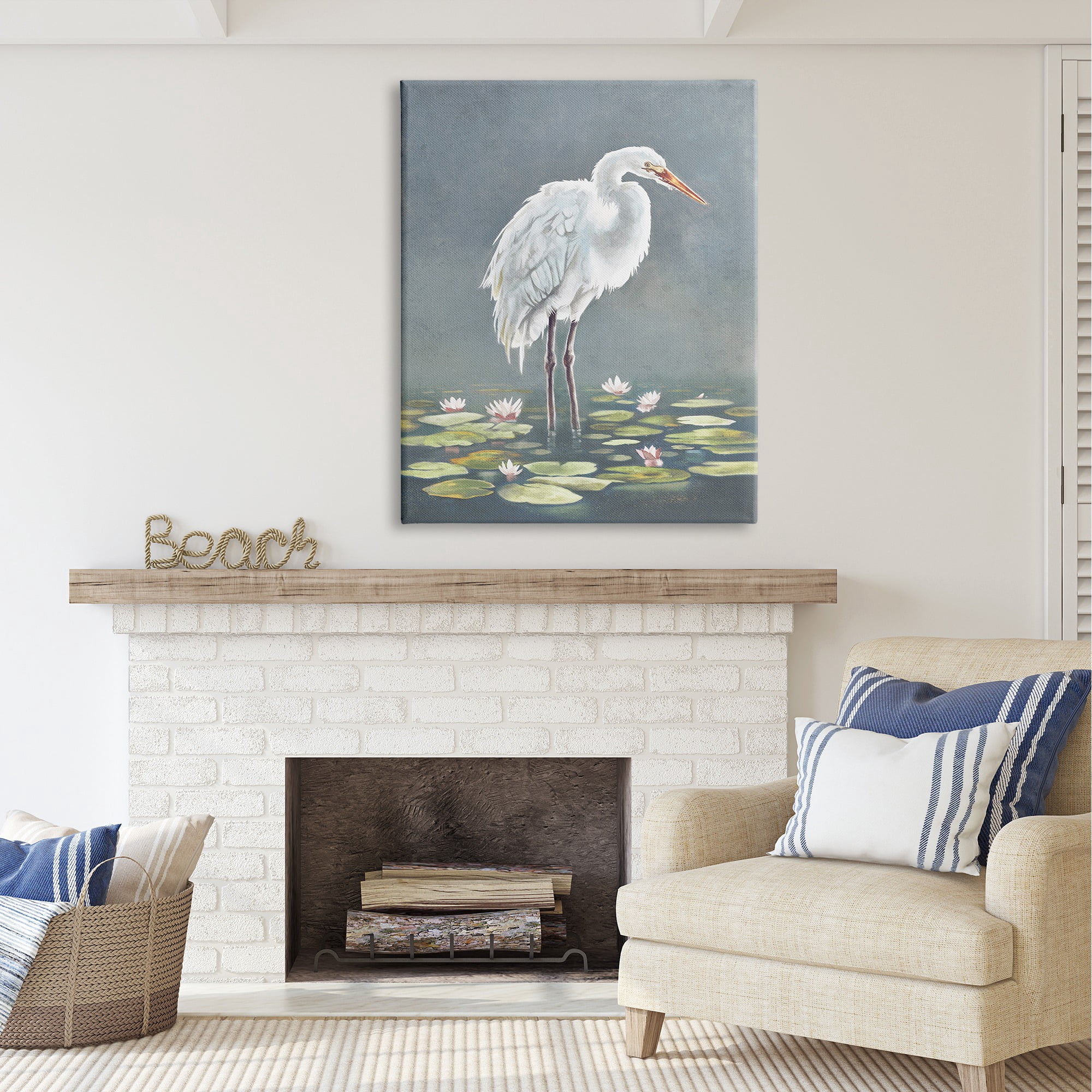 Stupell Industries White Heron & Pond Lilies Animals & Insects Painting Gallery Wrapped Canvas Art Print Wall Art, 36 x 48