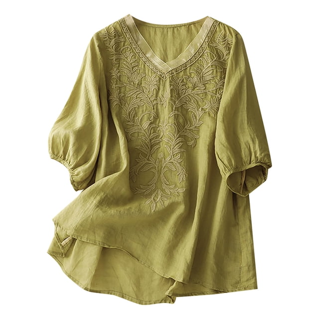 Women's Solid Color V-Neck Literary Five Quarter Sleeve Tops - Elegant and Versatile