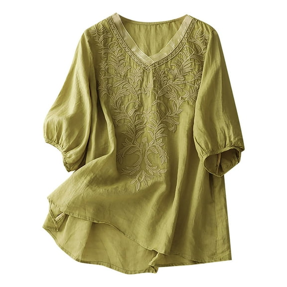 MIXUE Womens Summer Tops Floral Embroidery Solid Color V Neck Short Sleeve Loose Tee Shirts Activewear,Yellow,XL
