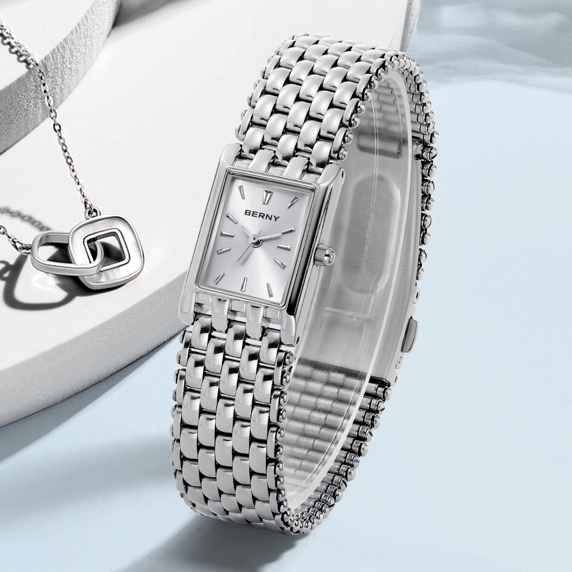 BERNY Small Silver Watches for Women, Dainty Rectangular Women Watch with Stainless Steel Bracelet Band, Japanese Quartz Movement, 3ATM Waterproof, Classic Dress Ladies Wristwatch (Silver)