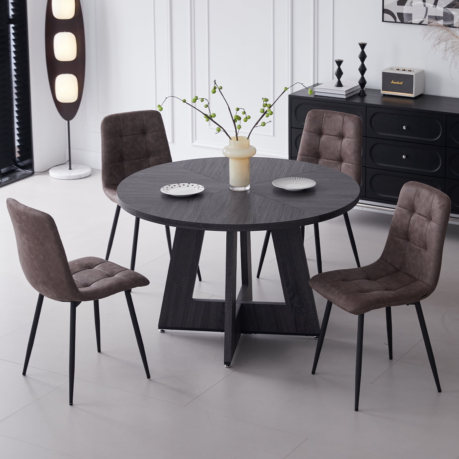 Set of 4 Velvet Dining Chairs - Mid Century Modern Dinning Chair, Upholstered Cushion Seat, Square-Patterned Backrest, Brown, Dinner Chairs with Metal Legs for Dining Living Room, Bedroom
