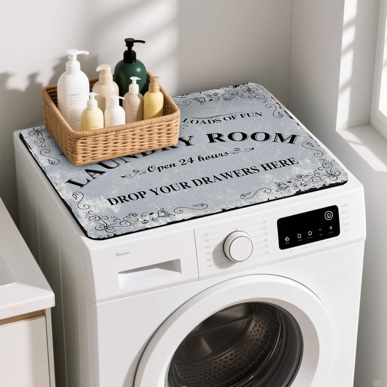 Non-Slip Washer & Dryer Top Cover Protector Mat Dust-Proof Washing Machine Cover Pad With Vintage Gray Laundry Sign Design Universal 23.6"x19.7" for Laundry Room & Kitchen Decor