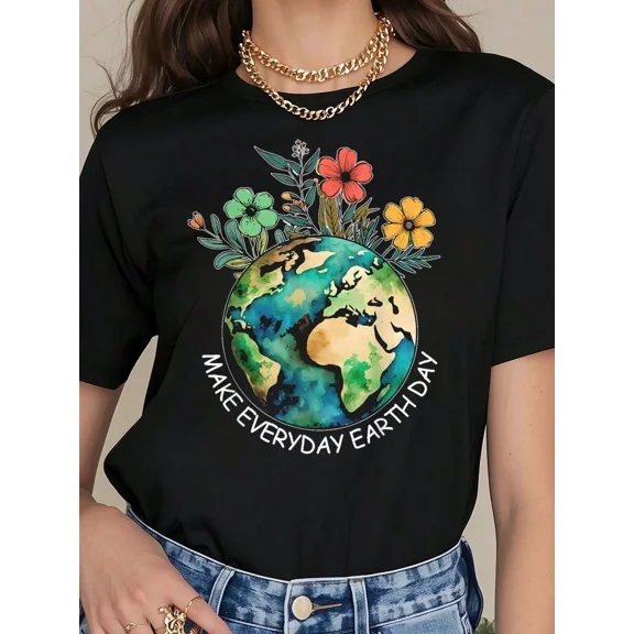 Retro Earth Day Graphic Tee Women's Floral Planet Nature Lover T-Shirt Eco-Friendly Aesthetic Short Sleeve Top