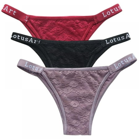 

Popvcly 3 Pack Women Floral Lace Thong Seamless T-back Thongs Waistband Logo Printed Underpants Low-Rise Soft Stretch Panties