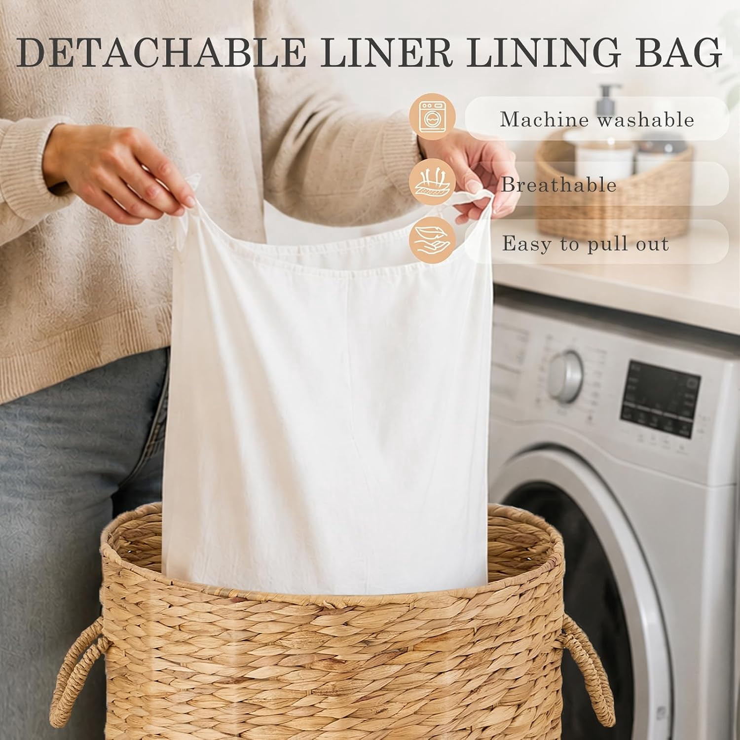 Round Laundry Hamper with Lid, Woven Natural Water Hyacinth, 17.52 in Diameter