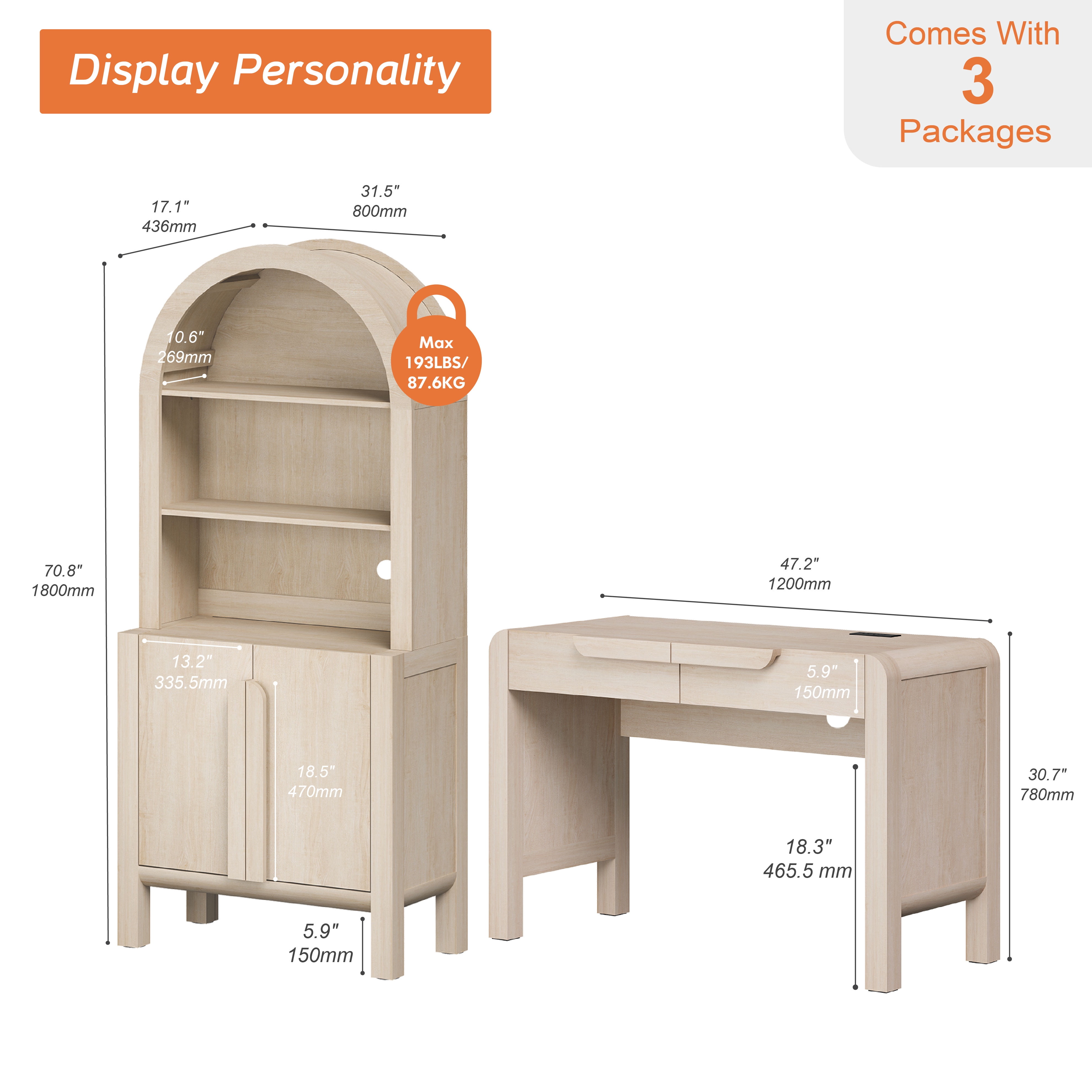 2 Piece Office Set, 47" Modern Executive Desk with Charging Station and Drawers & 71"H Tall 5-Tier Arched Bookcases with Storage Cabinet for Living Room, Bedroom, Home Office